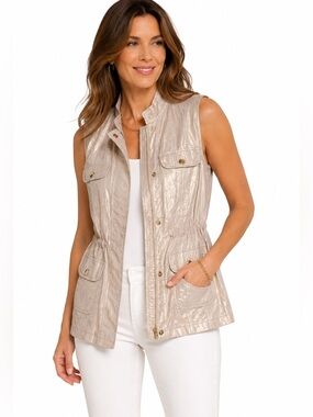 Chico’s Size 2 Linen Cotton Metallic Utility Safari Vest Gold Beige Pockets